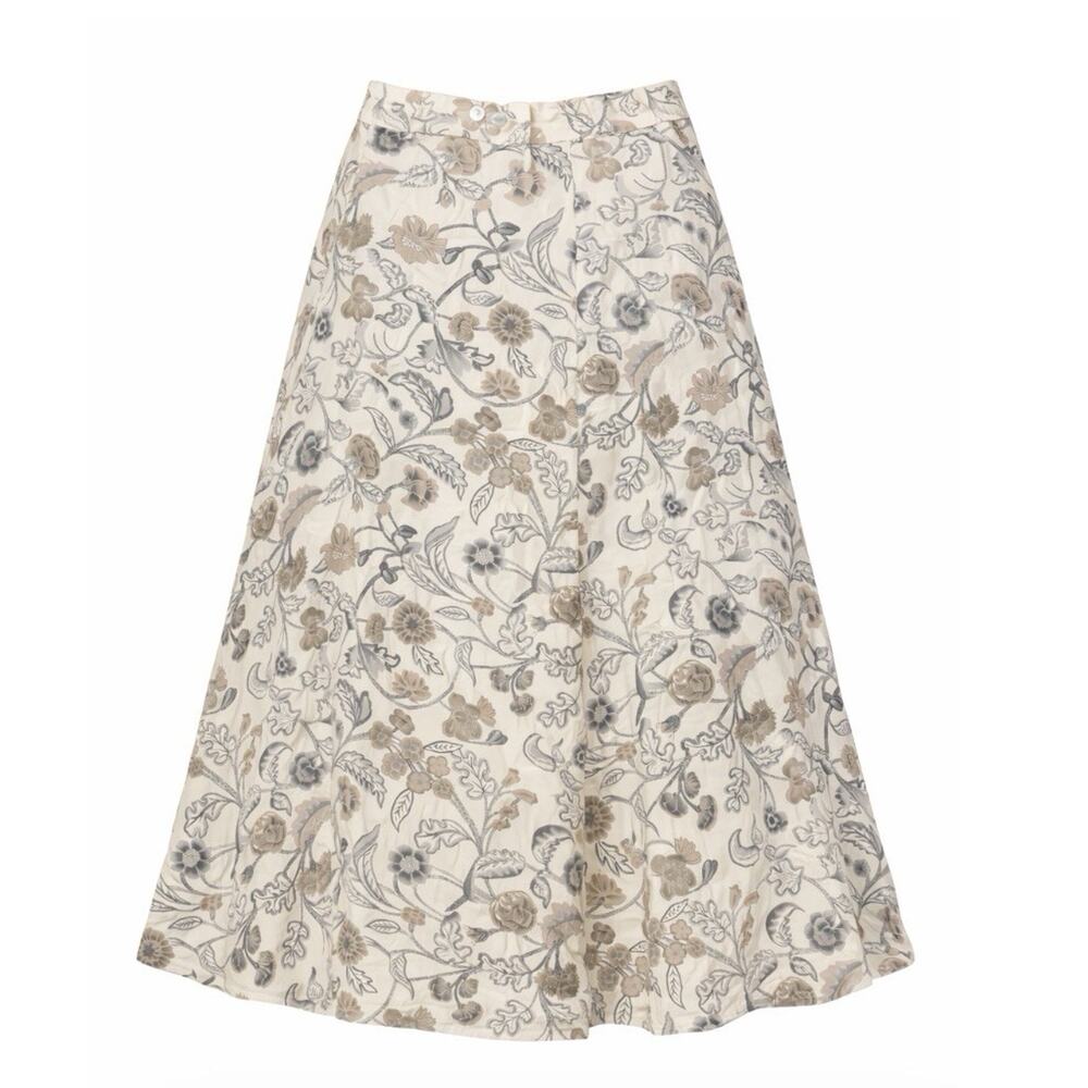 Floral A-Line Skirt Large Cream Beige Mother Pearl Buttons Side Maxi Skirt Women